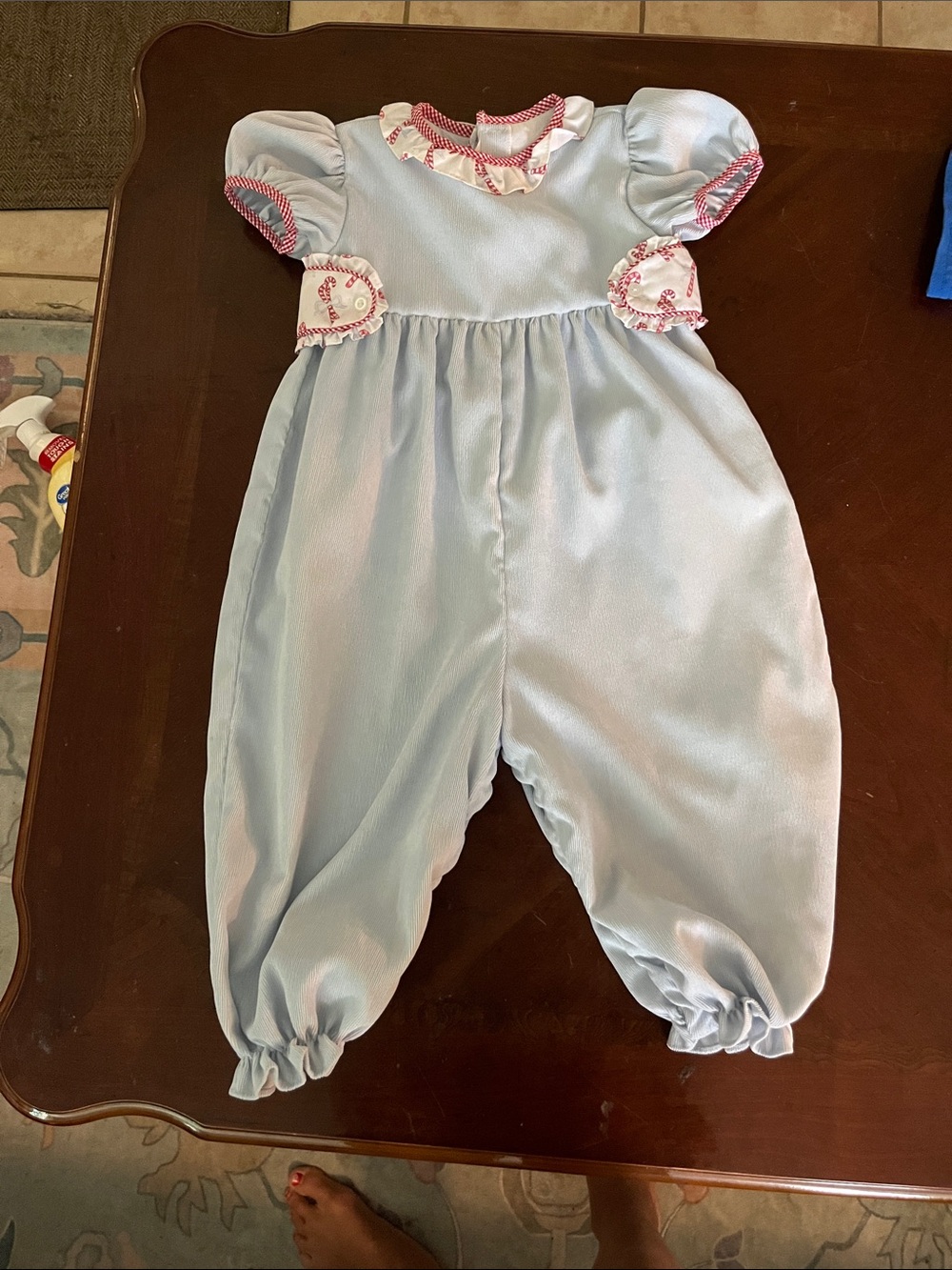 Classic Light Blue Girls' Puff-Sleeve Romper with Pink Trim